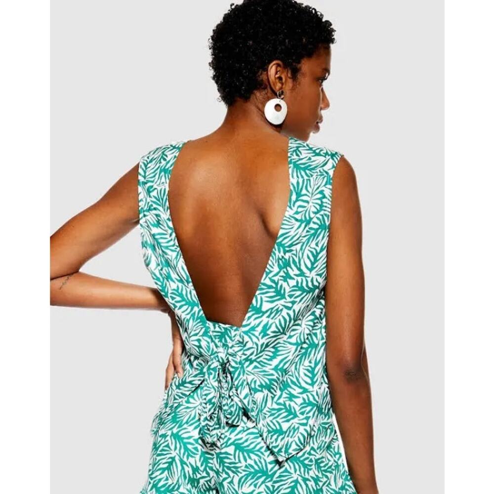 NWT Topshop Green and White Leaf Print Sleeveless Back-Tie Top Size 10